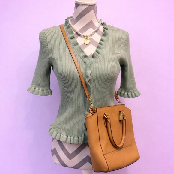 Free People Tops - Green ribbed cardigan with ruffles and button closure